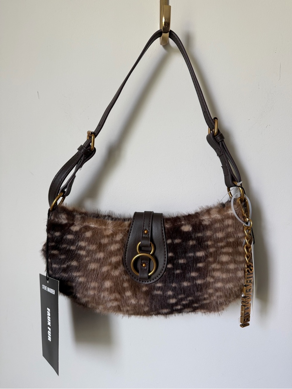 Steve Madden Brown Fawn Faux-Fur Shoulder Bag with Dark Leather Trim